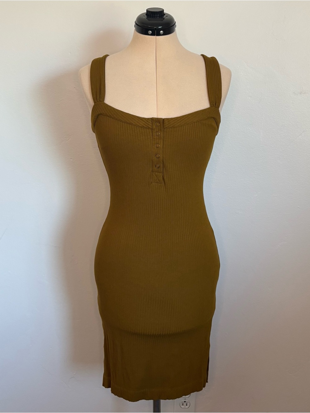 L*Space Louise Ribbed Knee Length Dress, Olive Moss Green, Thick Tank Straps, S